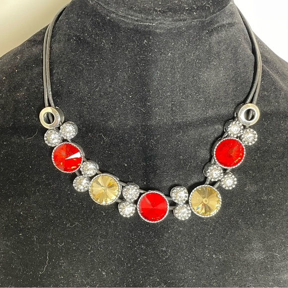 Stunning Red, Gold, and White Crystal Coker Necklace on leather strands - Picture 2 of 5